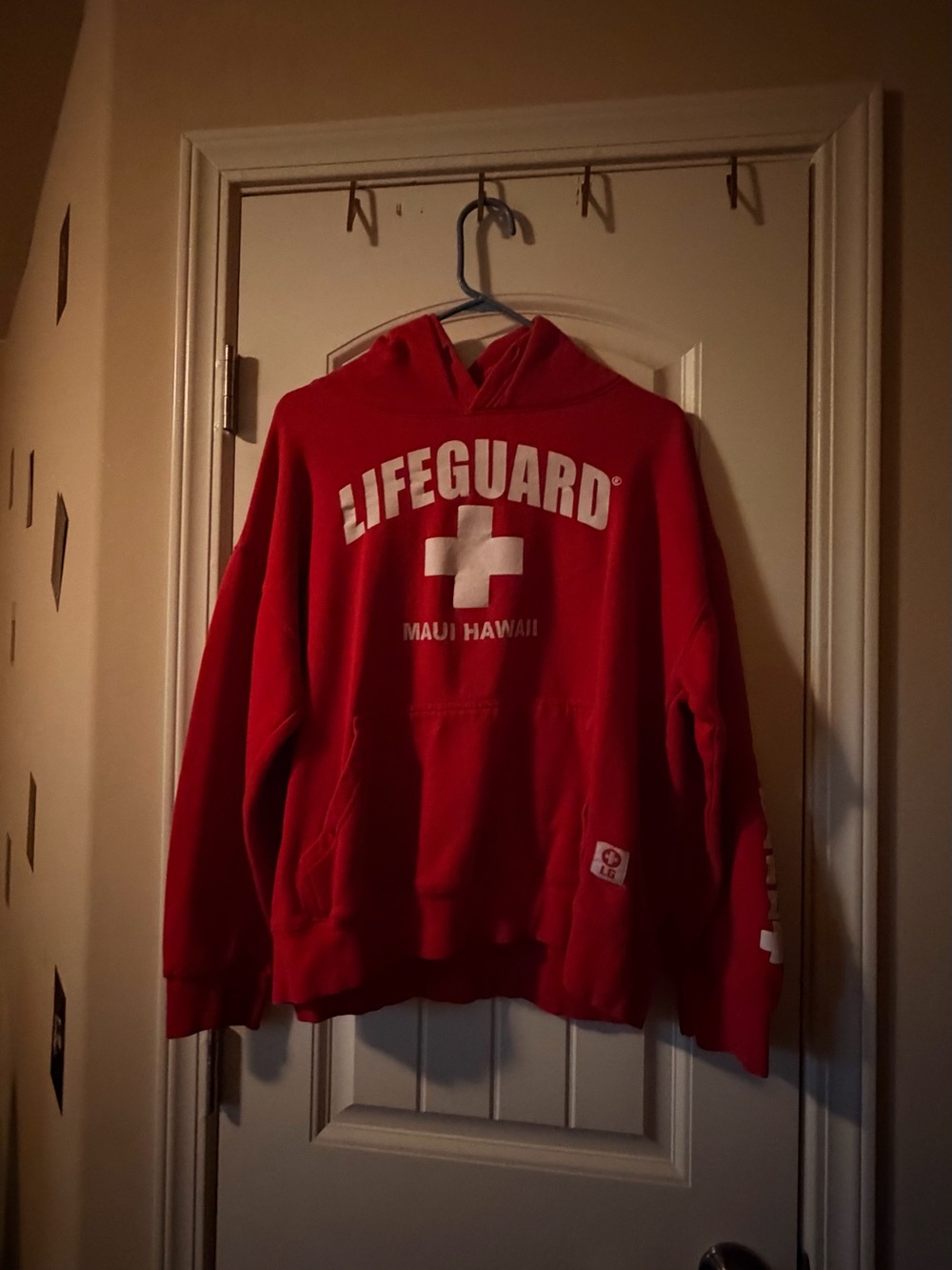 Red Lifeguard Hooded Sweatshirt with Maui Hawaii Print